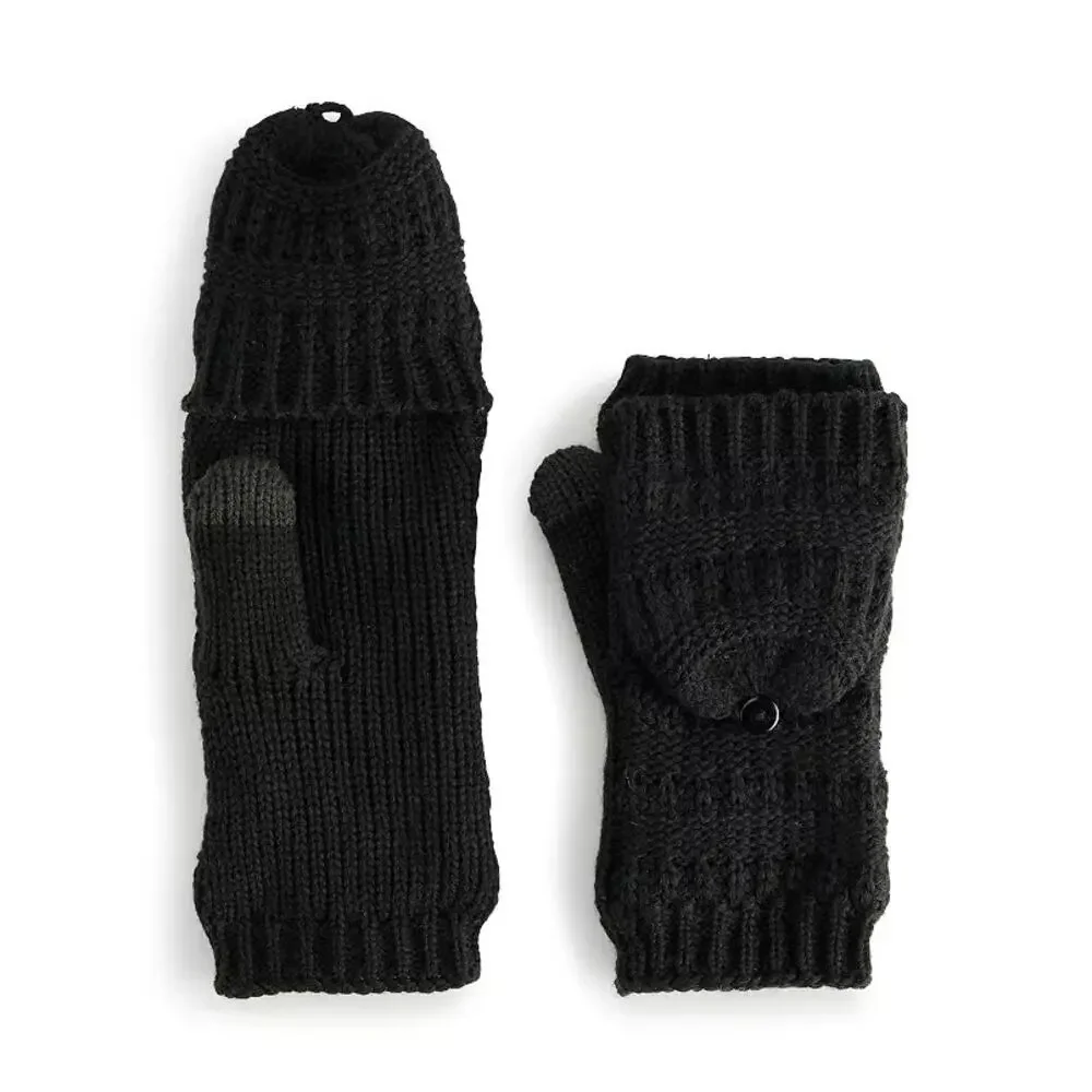 NWT Sonoma Goods For Life Black Ladder Stitch Flip Top Mittens Women's One Size